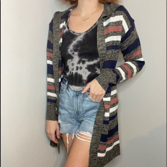 Evelyn Taylor Striped Hooded maxi Cardigan Sweater - Picture 1 of 13